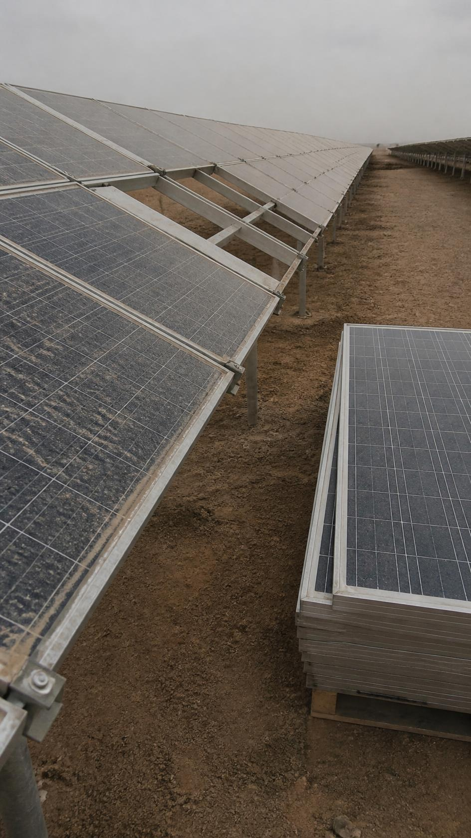 Weathered solar modules on their mounting rails with replacement panels stacked alongside.