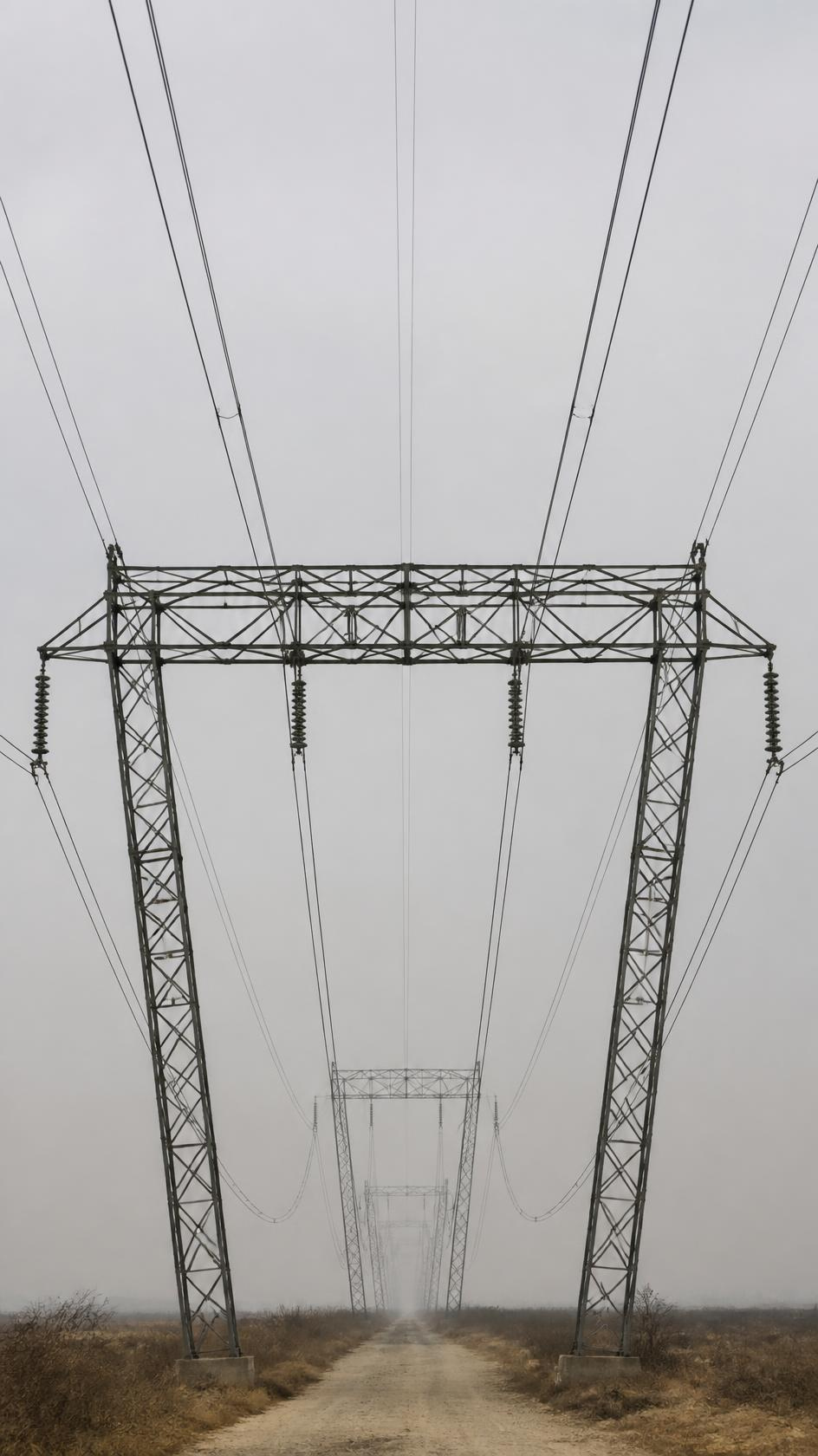 A high-voltage transmission gantry with conductors receding into haze past a line of towers.