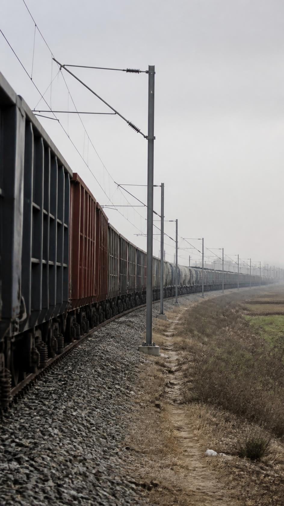 A long freight rake on an electrified corridor, its tail lost in haze.