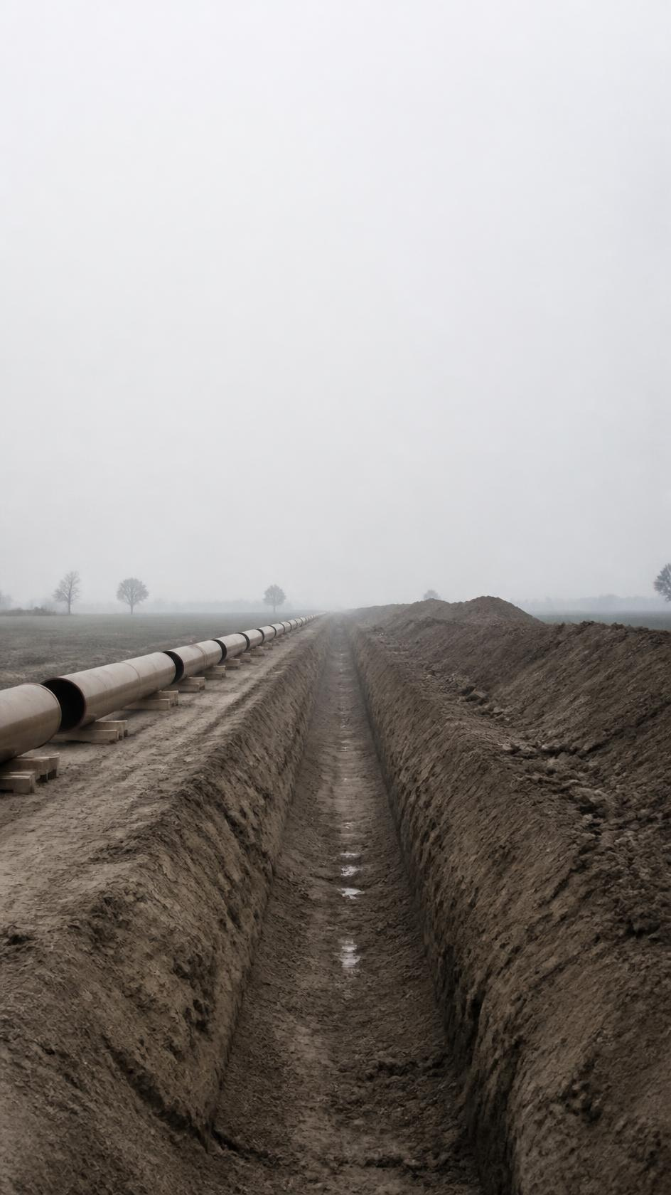Open pipeline trench with coated pipe joints strung out unwelded alongside