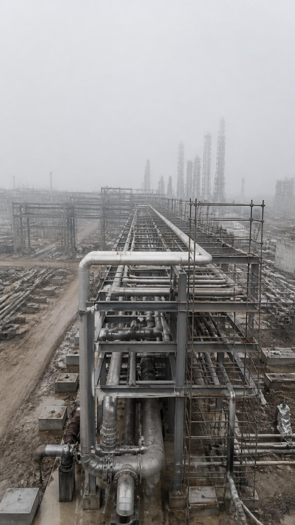 Multi-tier refinery pipe rack with flanged joints and partly applied insulation