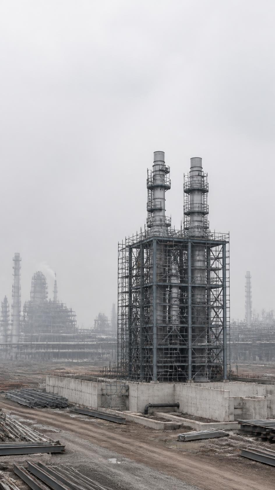 New process unit under construction inside an operating refinery