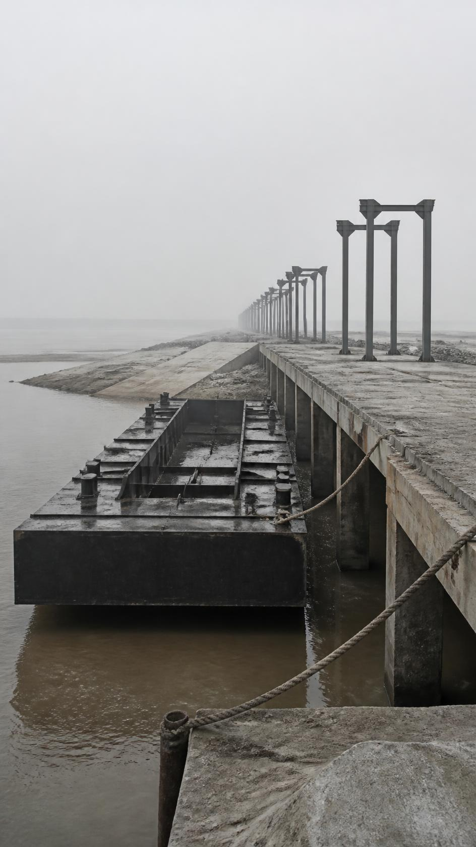 Cargo barge alongside a concrete river jetty at low water