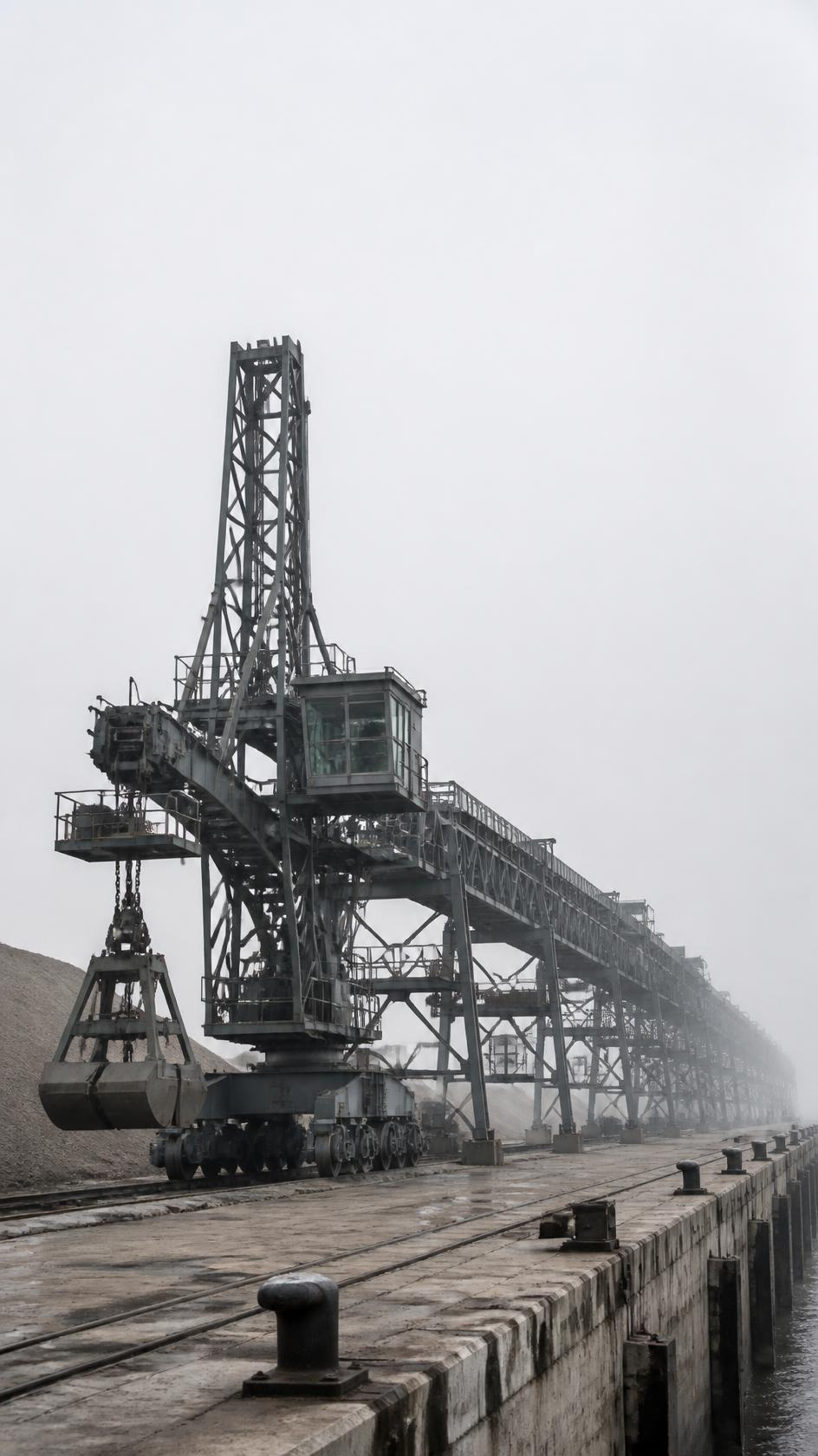 Grab ship unloader and conveyor gantry over an empty dry bulk berth