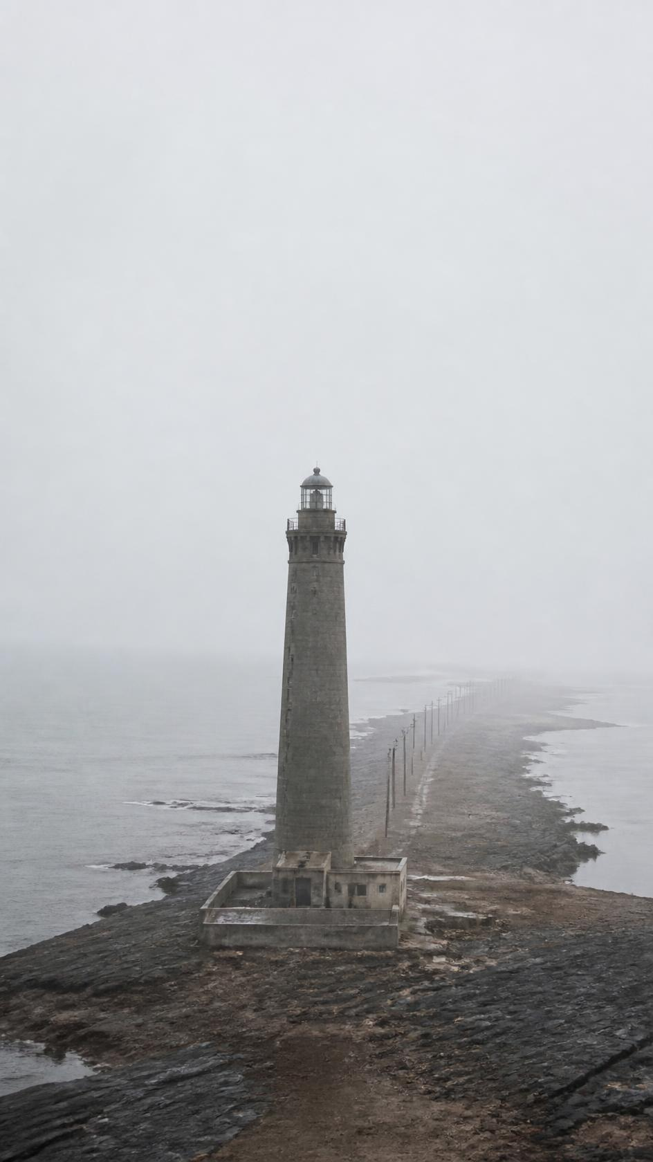 Lighthouse on a bare rocky headland against a flat sea and sky