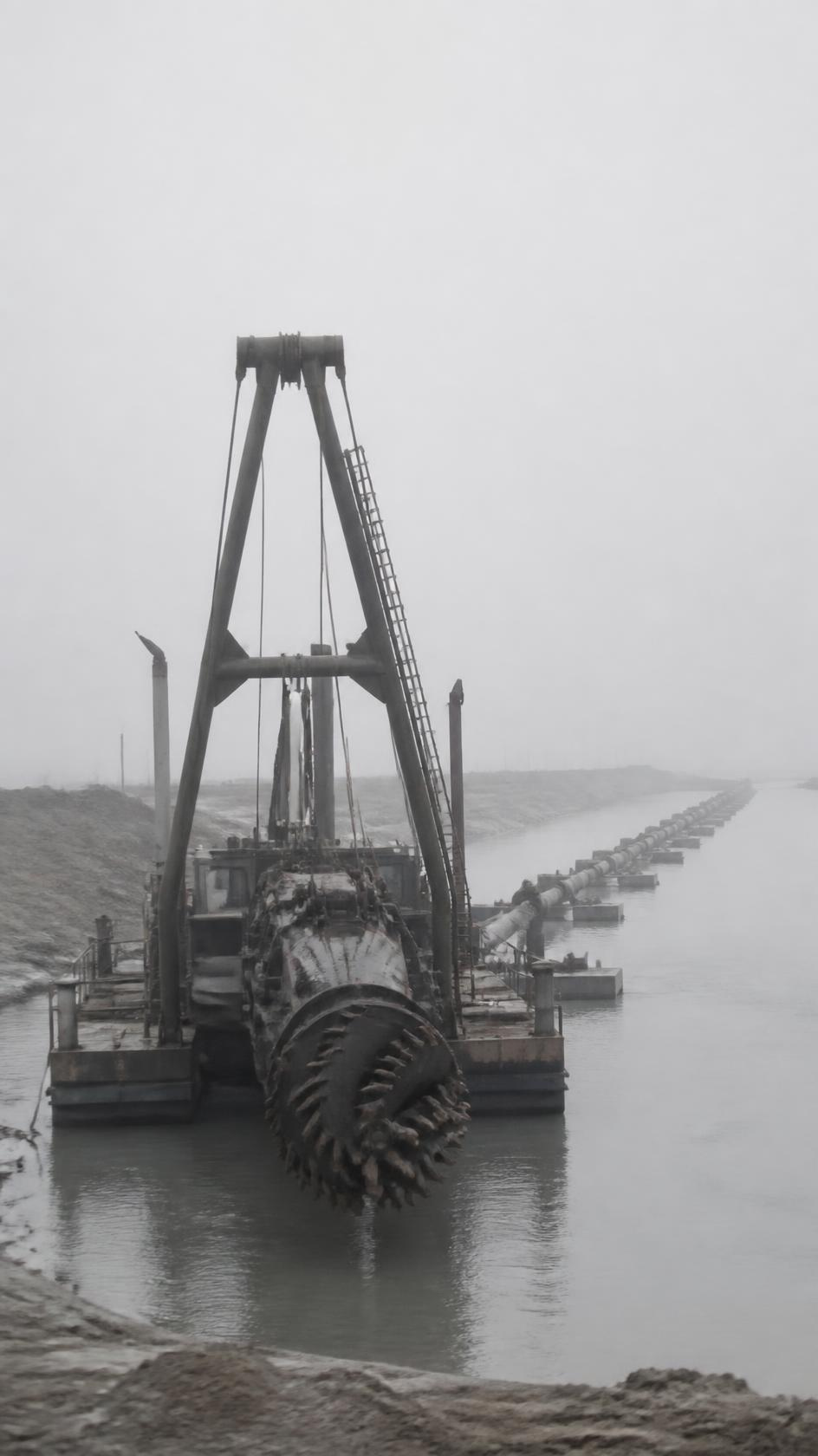 Cutter suction dredger with its ladder raised and floating discharge pipeline